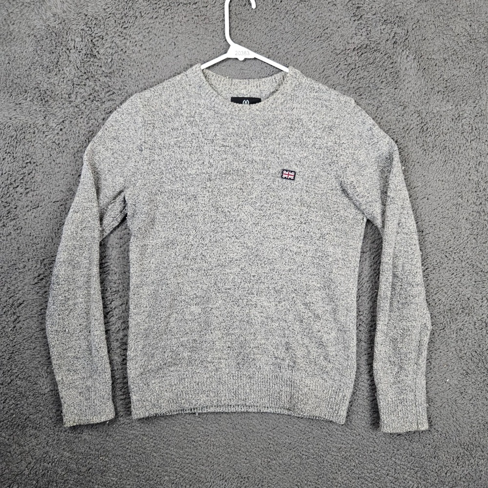 Bizzbee Mens Gray Wool Blend Union Jack Crewneck Sweater Size XS Fine Knit